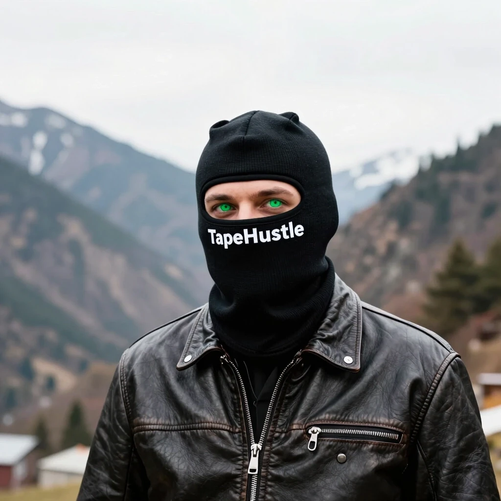 Создай человека в кожаной куртке в черной балаклаве надпись TapeHustle где то в горах по давай что бы у него глаза были зеленые и вид еще чуть отдали — работа пользователя Дикий…