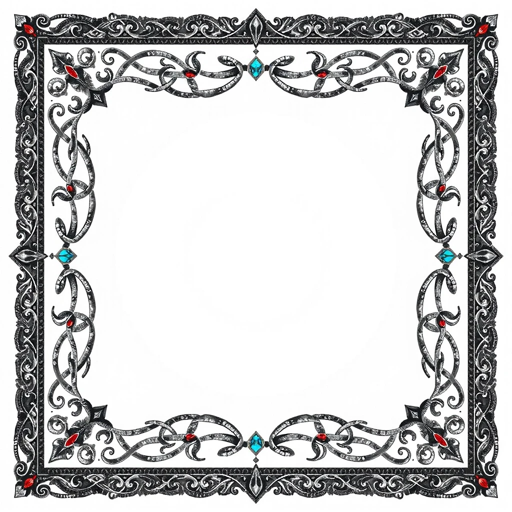 Create corners for a frame on a pure white background (NO SHADOW) blackened silver; Celtic lines; small red or blue stones; symmetry; gothic fantasy. Only four corners, on one…