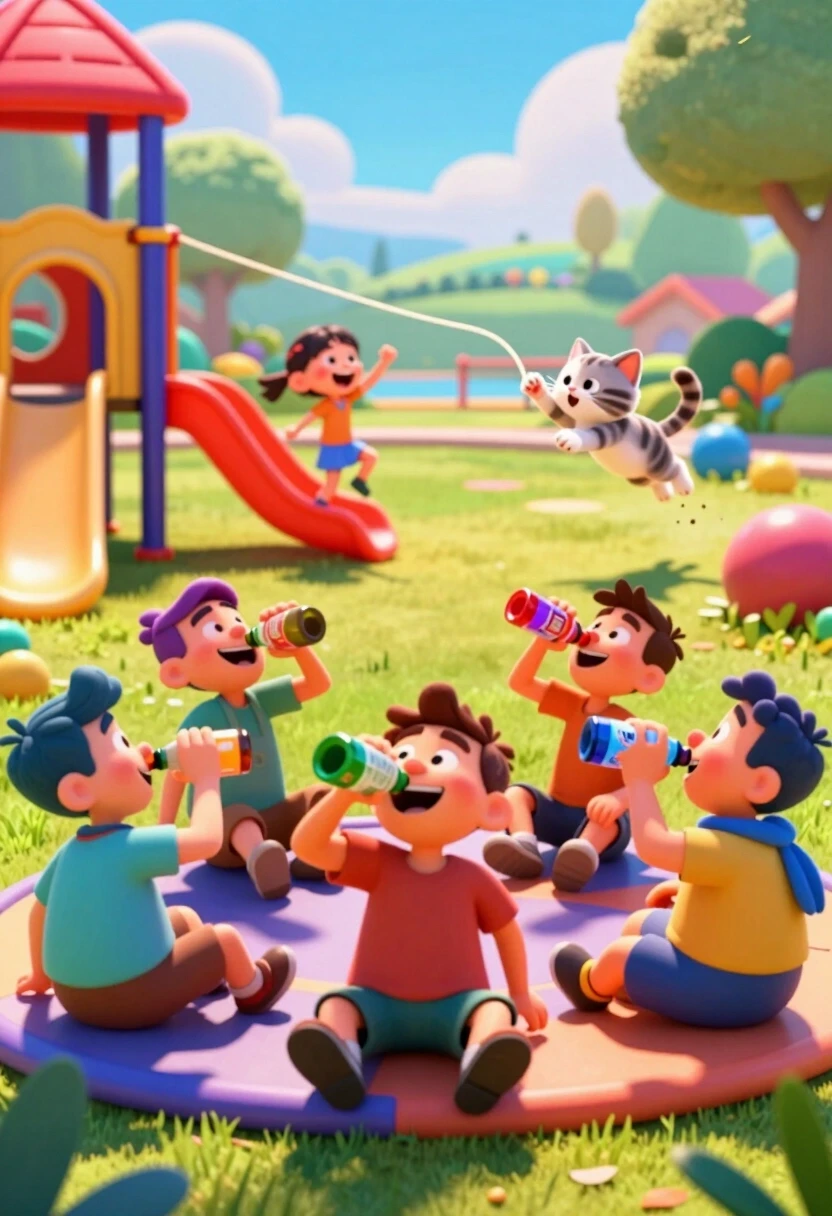«Две реальности» (Style: Modern 3D Animation, Wide Cinematic Composition)*A breathtaking 8k 3D stylized wide shot with a deep composition. In the foreground, a group of rowdy…