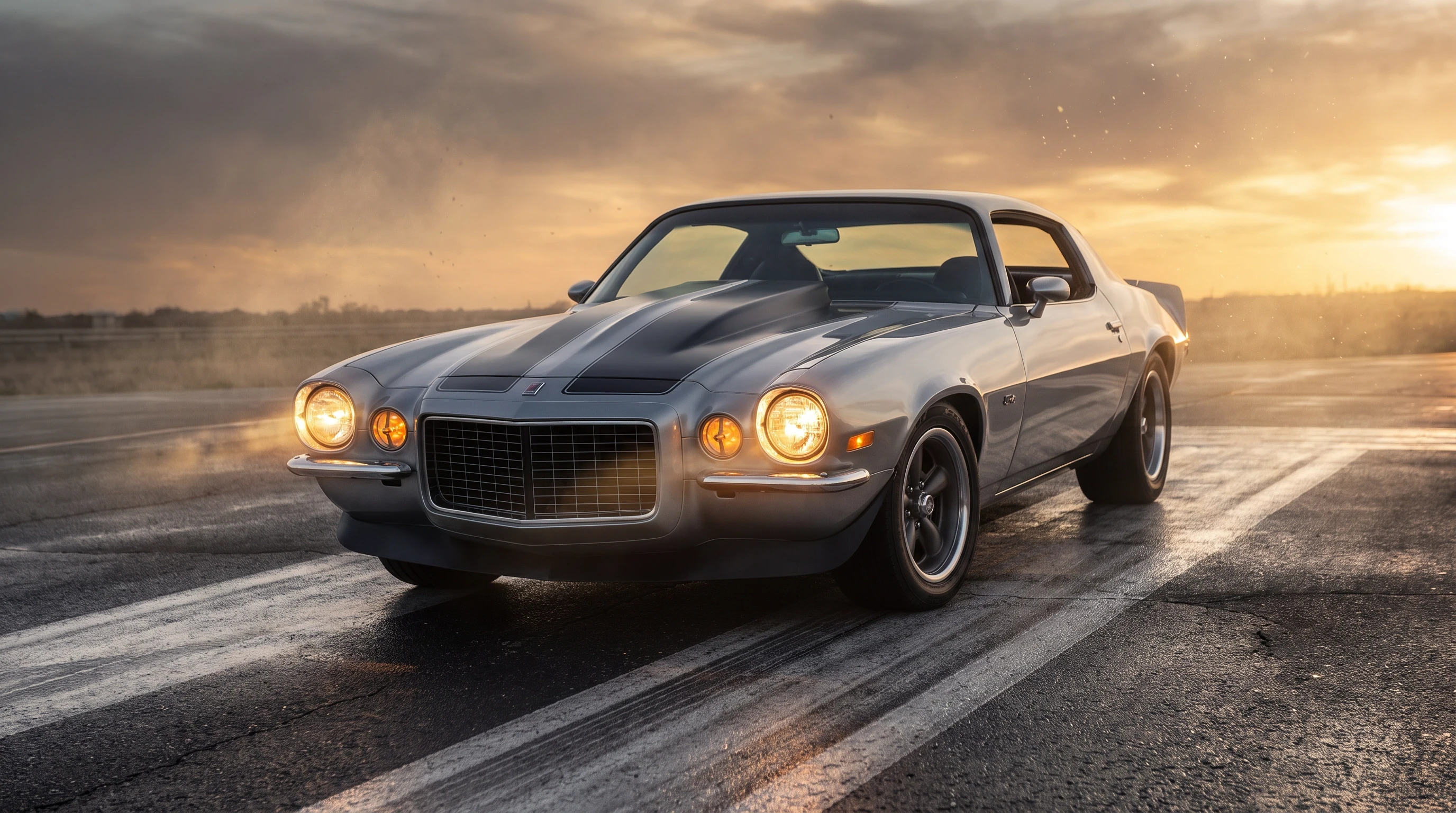 Chevrolet Camaro 1970 года, серебристый окрас, чёрные полоски, стоит на асфальте, эпичный ракурс, серебряные лучи, горящие фары, кинематографичная съёмка, шедевр — работа…