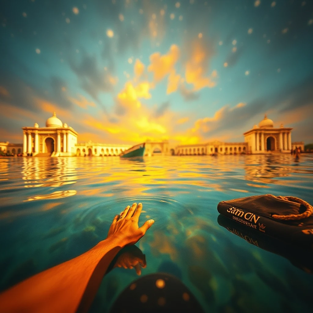 by Nikolai Lockertsen, Etam Cru, Oil painting, landscape of a Bhubaneswar from inside of a Crystal-clear fairy pool, it is Fiery, Stars in the sky, Relaxed, bokeh, Ilford HP5+…