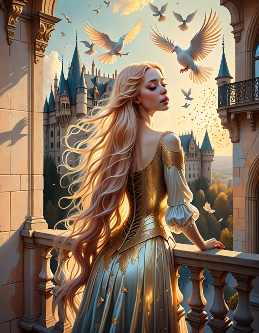 Fairytale art. Zlatovlaska standing on a balcony of a beautiful European gothic castle. Her long, liquid-gold hair cascades down, catching the radiant sunlight. Doves flying…