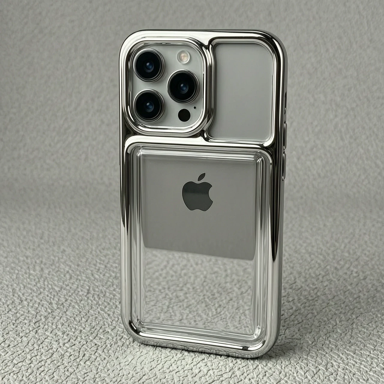 Итак, берем, короче, чехол для iPhone 17 Pro Max и делаем его зеркально-никельным. Отступаем 2 сантиметра ниже модуля камеры и заливаем, делаем, короче, этот самый из жидкого…