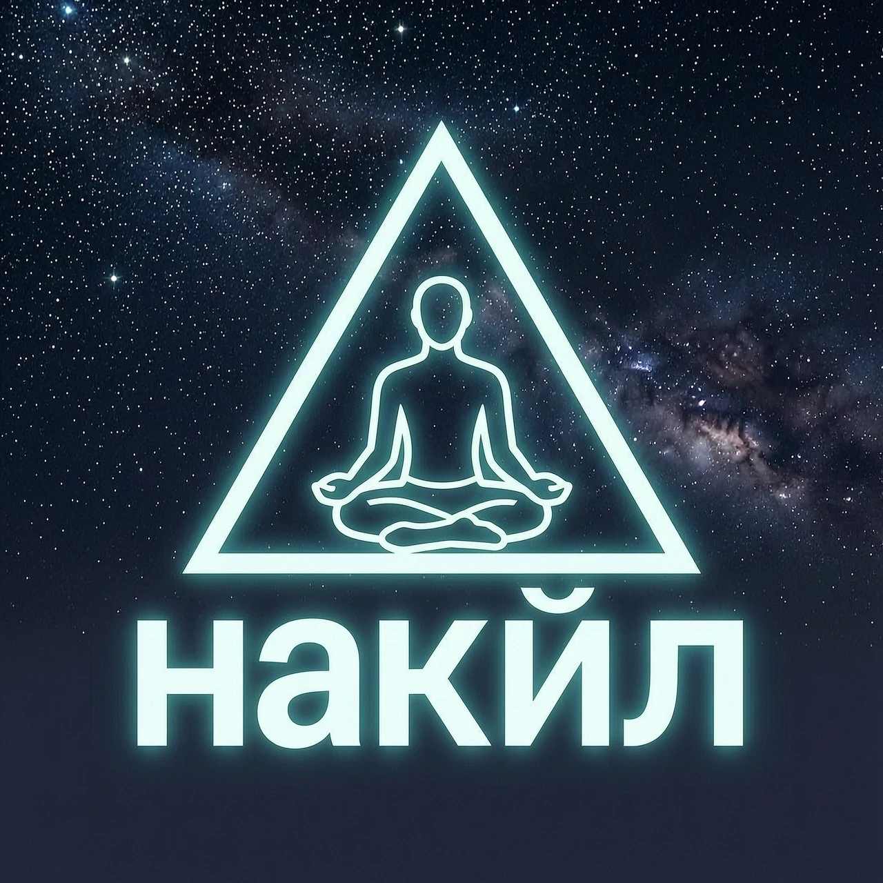 Привет, на тёмном фоне со звёздным небом светящийся символ ганкйил, а на его фоне треугольник с вписанным в него человеком, сидящем в позе лотоса — работа пользователя Ортомир555
