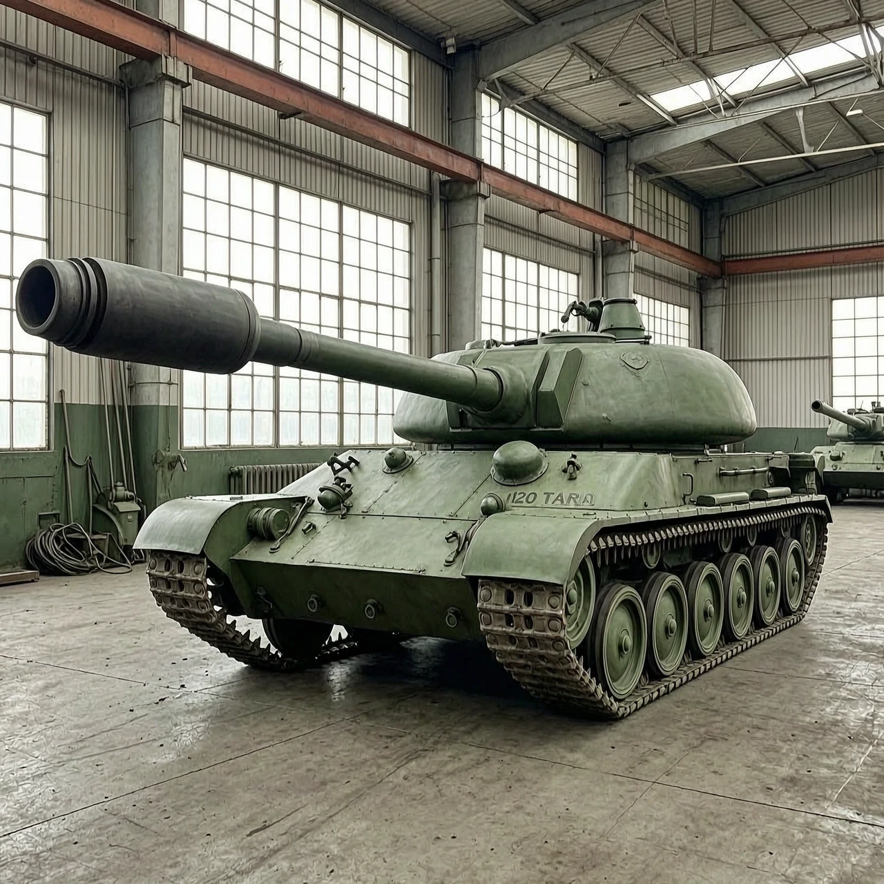 Soviet tank, hybrid of T-44 tank and Object 120 Taran. Rear-mounted large rounded turret. Incredibly long 152mm gun with a massive muzzle brake extending far forward. Low…