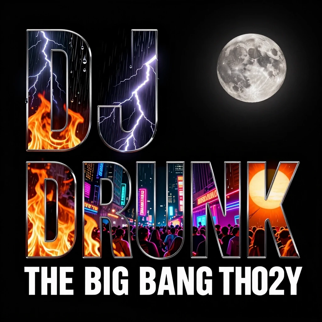 Modern EDM album cover art, 1:1 aspect ratio, solid pitch-black background. Massive, ultra-wide contemporary electronic music typography reading exactly "DJ DRUNK' -…