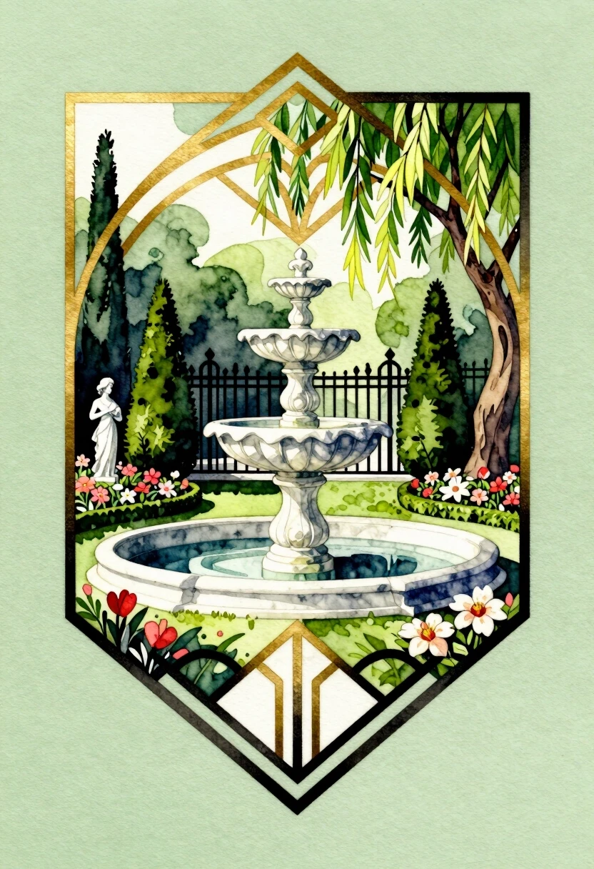 A watercolor painting is a logo or tattoo on a light green background. Art Deco and Art Nouveau with sharp asymmetry, elements of abstractionism in the background, high…