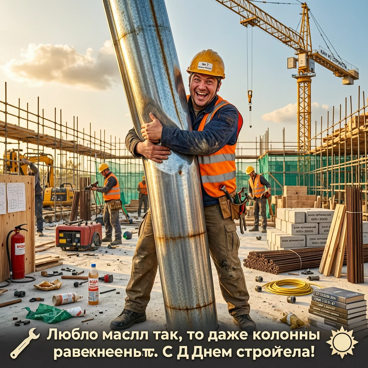 Промпт: монтажник в спецодежде и каске радостно обнимает массивную стальную колонну; лицо счастливое, глаза сияют; колонна слегка изогнута от силы объятий, но без разрушения,…
