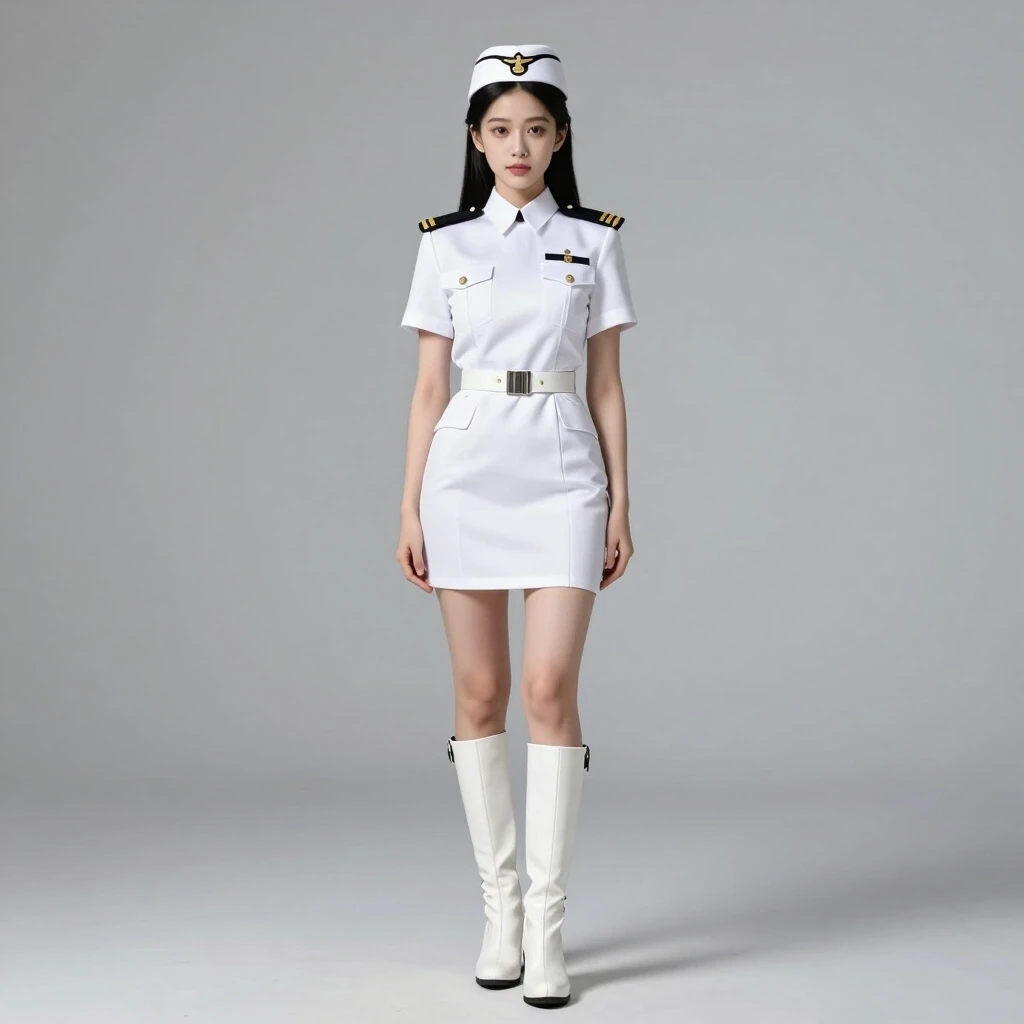The girl is wearing a beautiful, white, short dress that looks like a formal officer’s uniform. She has on white high‑heeled boots. She is wearing a cap with a high crown. —…