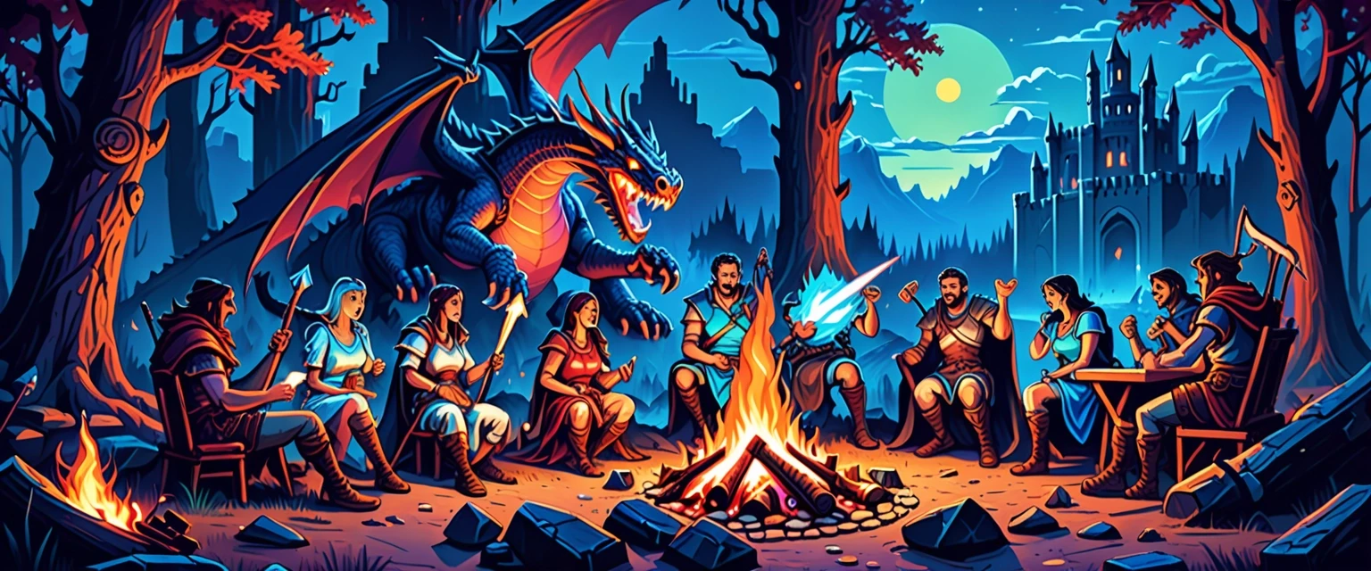 An epic wide channel header featuring a heroic fantasy RPG gaming party gathered around a campfire before a battle, a warrior, mage, and archer laughing together, mystical…