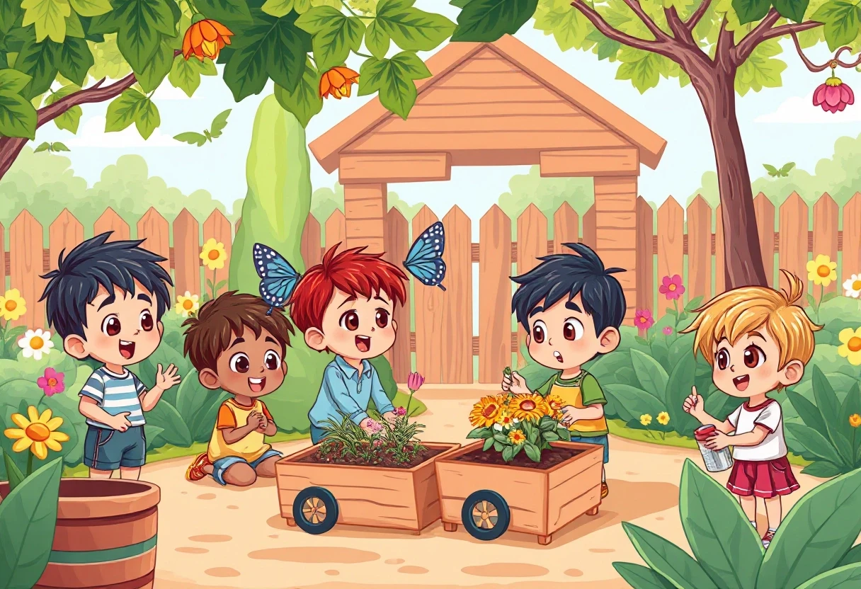Kids playing at the garden in summer, cartoon illustration — работа пользователя Безумный Светомант