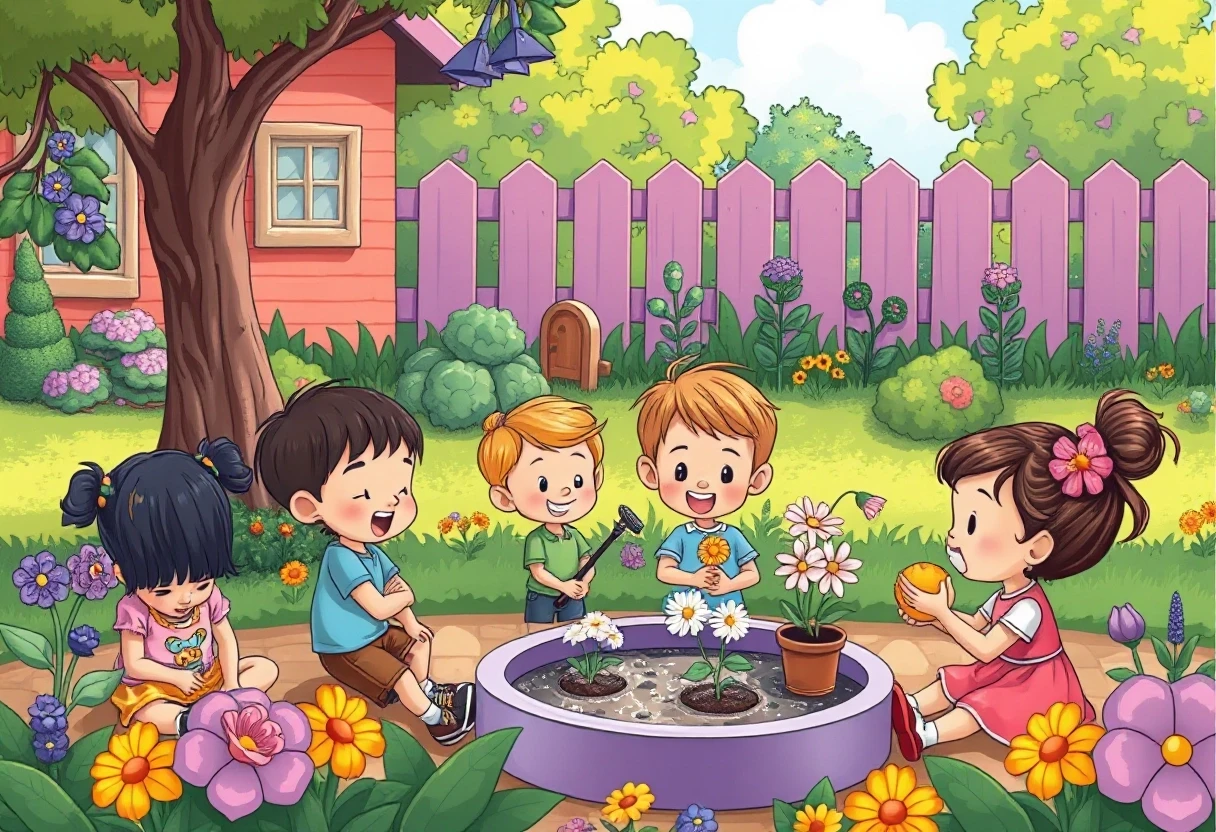 Kids playing at the garden in summer, cartoon illustration — работа пользователя Безумный Светомант
