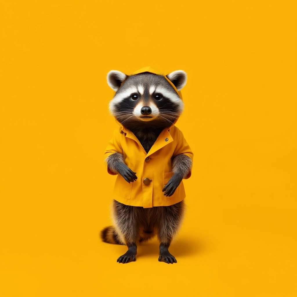 Draw a symmetrical frontal frame in the style of Wes Anderson for the A6 format. In the center is a full—length raccoon, he stands quietly, wearing a miniature mustard yellow…