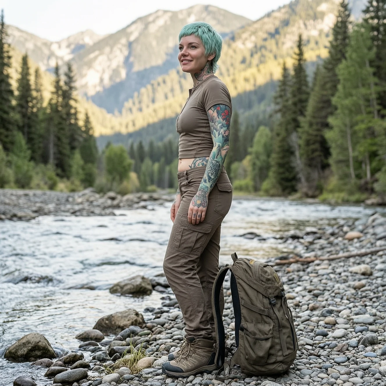 Realistic high quality photo. A curvy girl in hiking clothes, cargo pants, and hiking boots poses in profile on the bank of a mountain river. A hiking backpack stands next to…