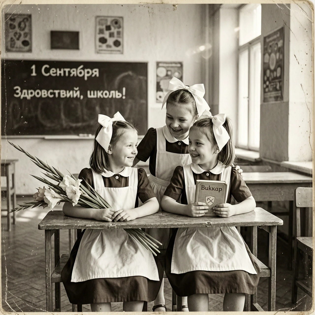 Square vintage black-and-white archival photograph, 1980s Soviet school classroom aesthetic. Medium shot, waist-up composition. The scene is filled with warm morning sunlight…