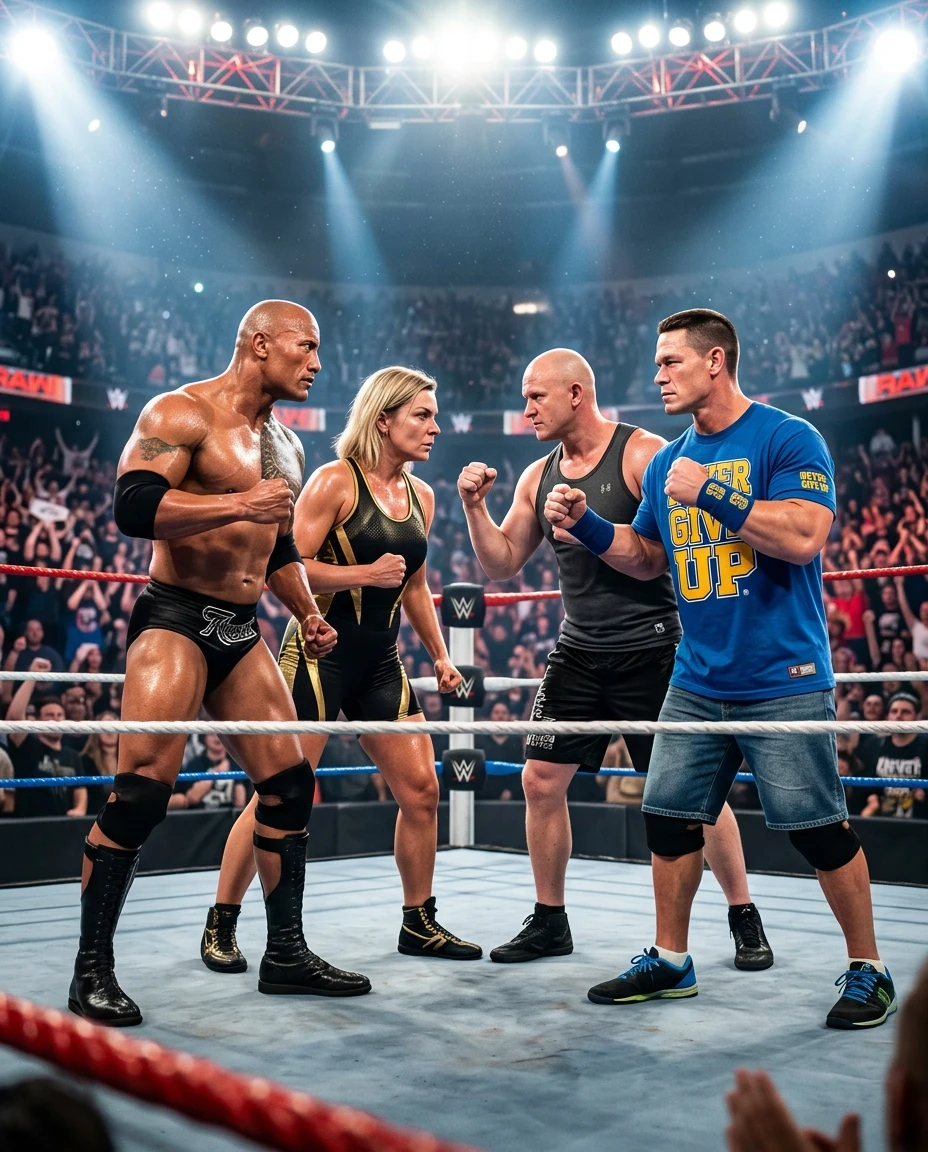 Hyper-realistic cinematic action shot of a professional wrestling match taking place in a brightly lit, packed arena. In the center of the frame, a man and a woman (maintaining…