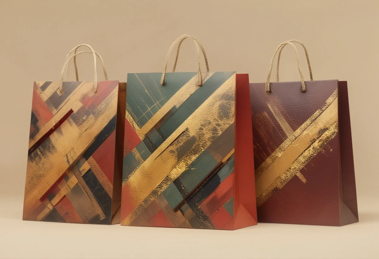 Three premium paper shopping bags standing side by side on a stark, matte light beige background with no gradient, white twisted rope handles, photorealistic product photography…