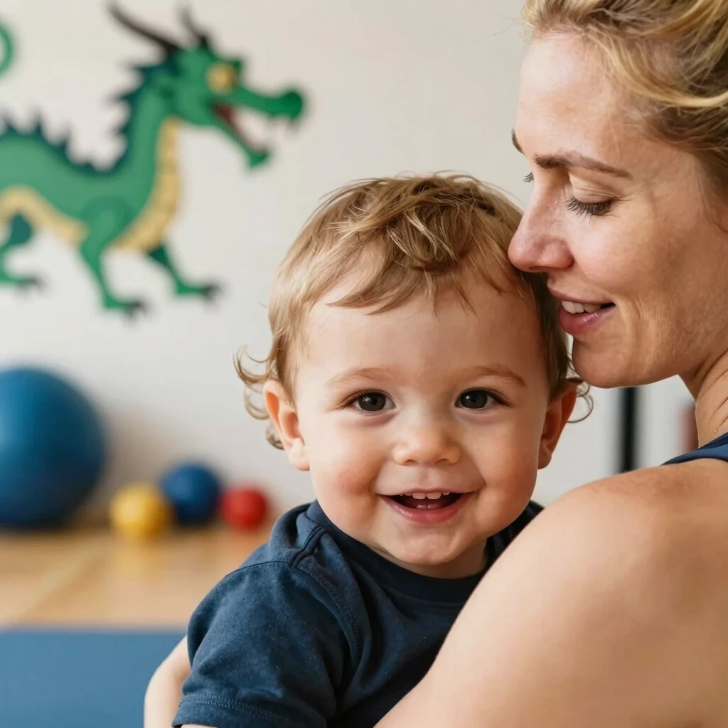 Close‑up: smiling face of a 2‑year‑old toddler with light brown hair, looking at the camera with curiosity. Next to him, the face of a Caucasian mom with blond hair, gently…