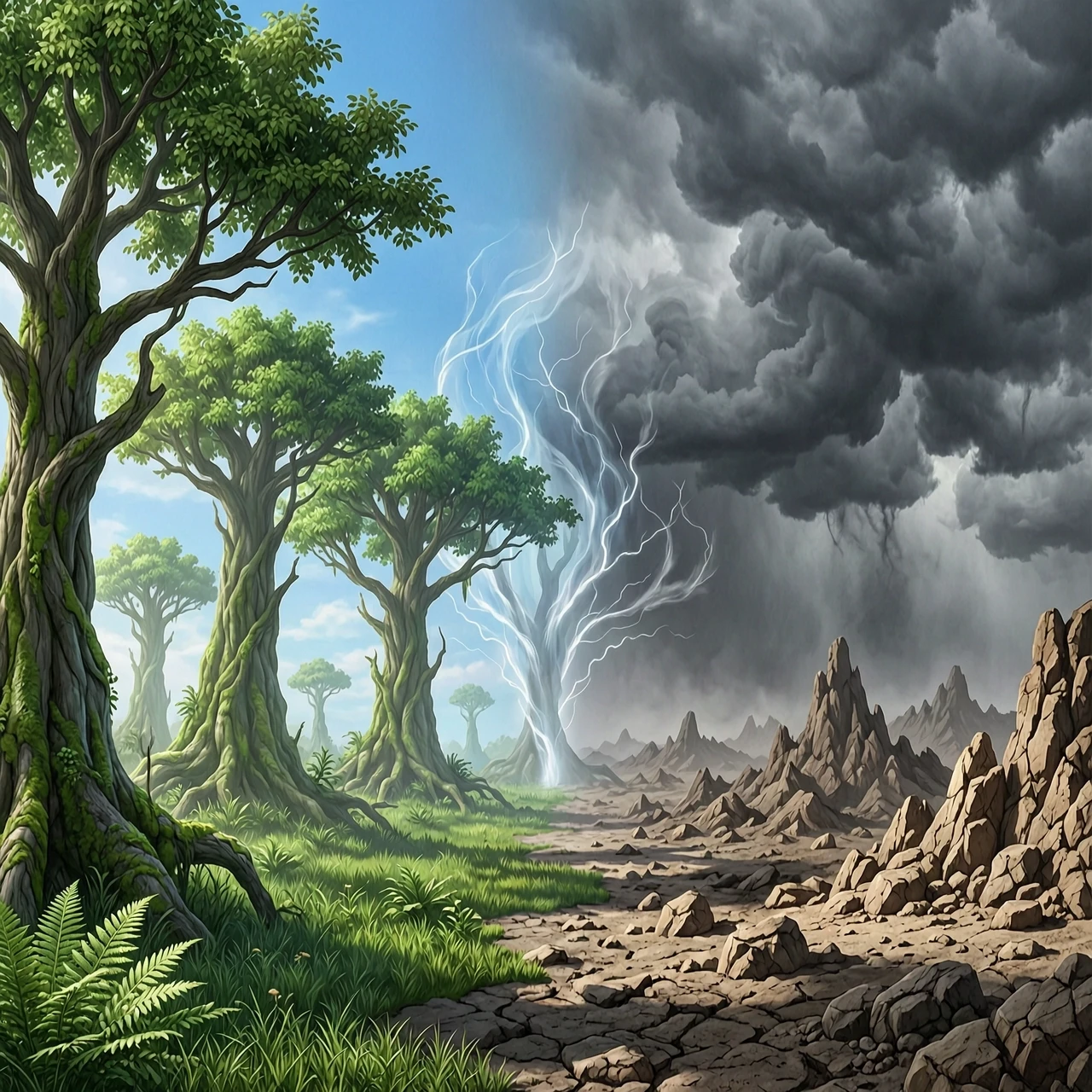 A surreal scene where two parallel worlds intersect. One world is a lush, green paradise with towering trees and clear blue skies. The other world is a barren, rocky wasteland…