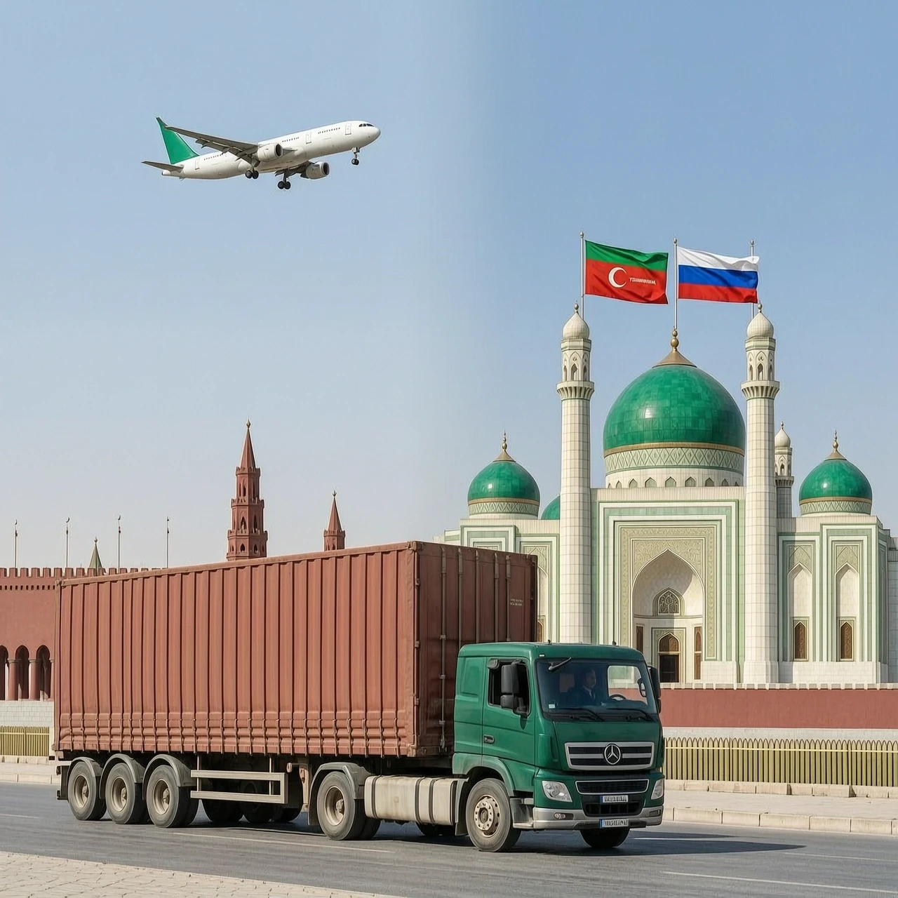 , фон кремль с одной стороны плавный переход на другую сторону с изображением Мечеть Туркменбаши Рухы, Кипчак. добавить самолет в небе, разместить флаг туркменистана и россии,…