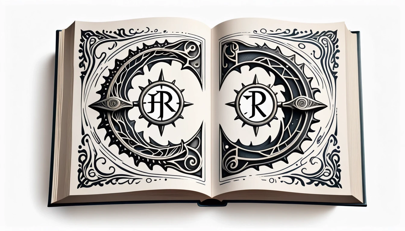 A symmetrical book chapter divider element, isolated on a solid white background. In the exact center, there is a tiny, elegant mechanical gear shift lever ornament with glowing…