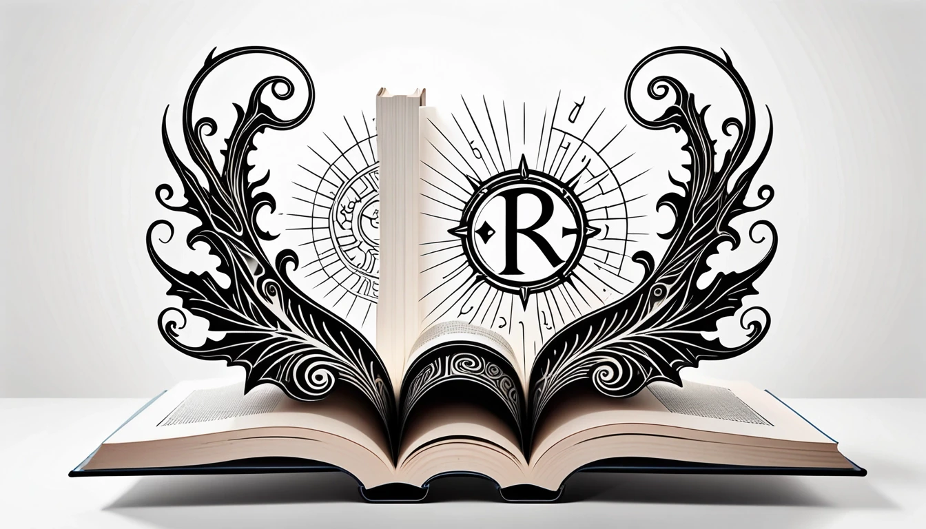 A symmetrical book chapter divider element, isolated on a solid white background. In the exact center, there is a tiny, elegant mechanical gear shift lever ornament with glowing…