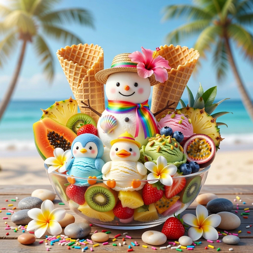 A vibrant, photorealistic 3D render of a tropical dessert in a clear glass bowl on a wooden table with a beach background. In the center stands a cute, round snowman wearing a…