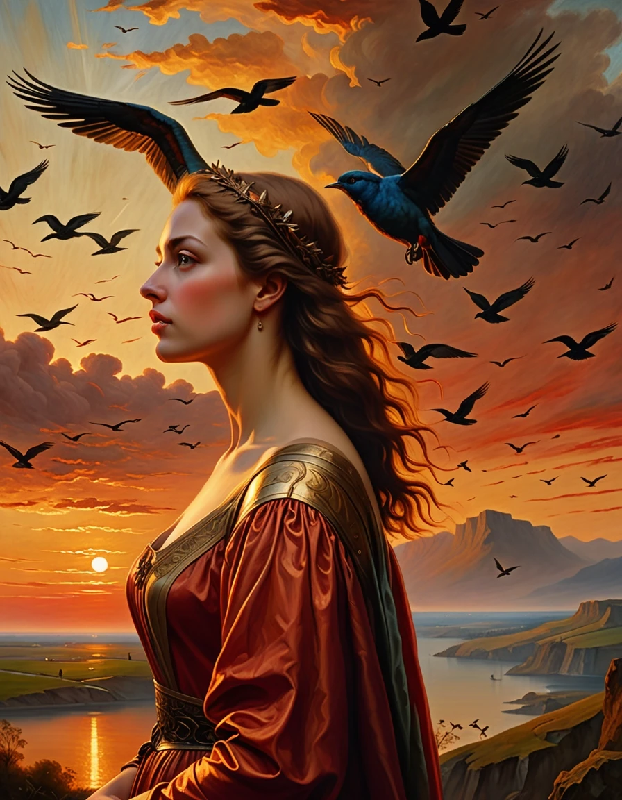 A masterpiece. Oil painting. A landscape at sunset. In the distance, you can see a line of birds flying away. A beautiful woman is shown in close‑up, looking at them in profile.…