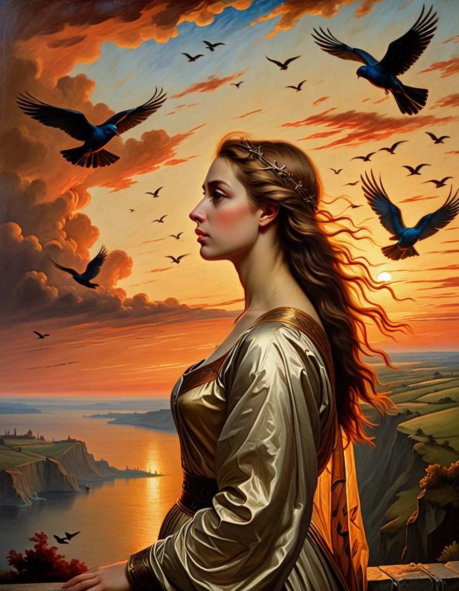 A masterpiece. Oil painting. A landscape at sunset. In the distance, you can see a line of birds flying away. A beautiful woman is shown in close‑up, looking at them in profile.…