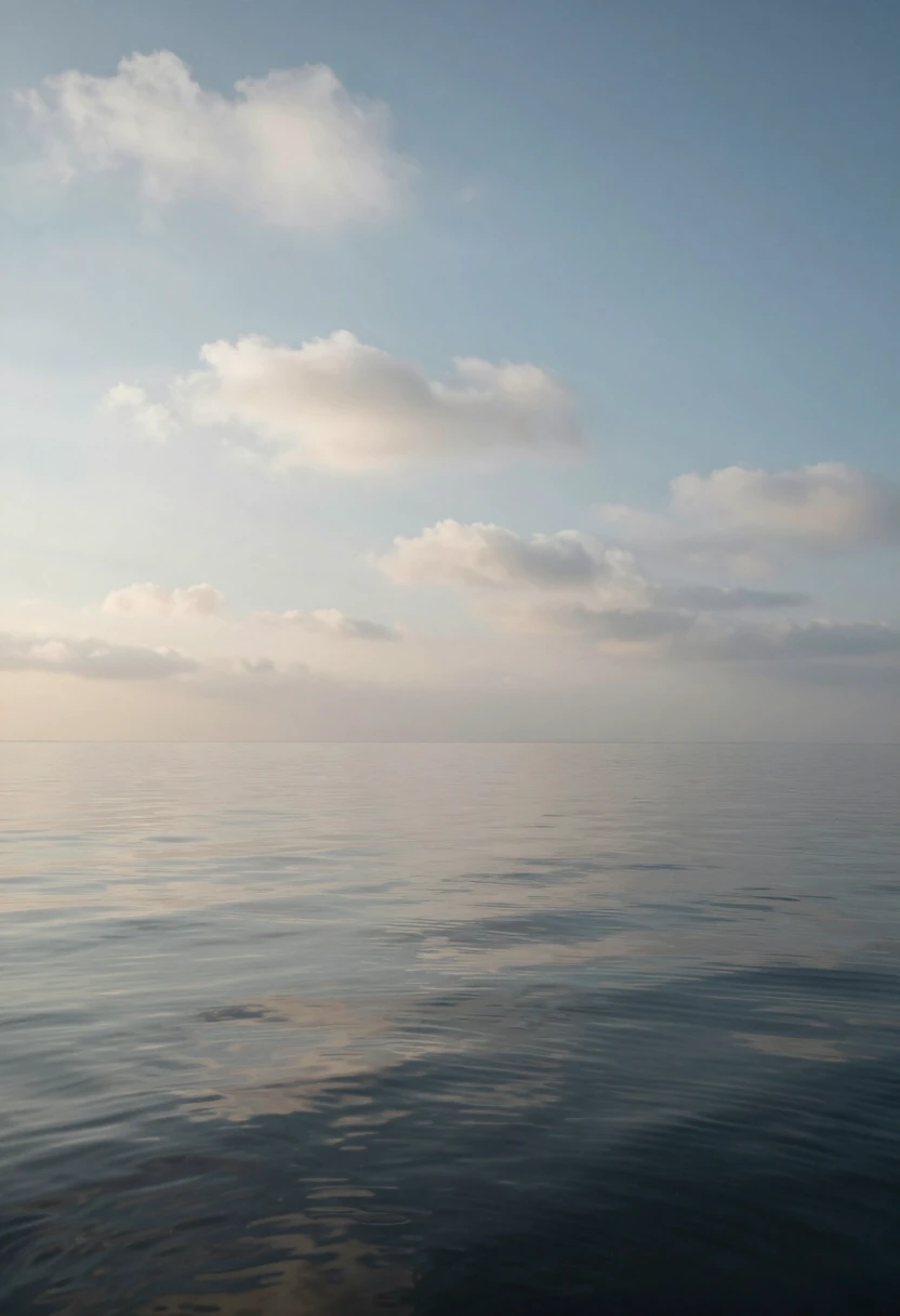 Gentle ripples move across the water surface. Clouds drift slowly with soft motion. Light band on the water subtly brightens then fades. Camera holds steady with a very slow…