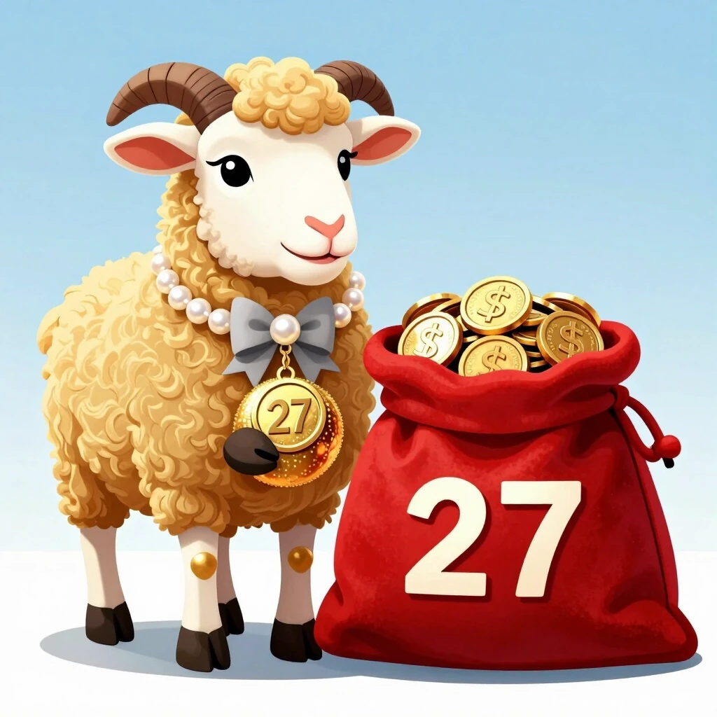 на фоне неба , ,овечка красно-zolotogo цвета , В левой лапке держит золотоi ball of wool. , Рядом с ним находится большой бархатно-красный мешок, полный золотых монет. на…