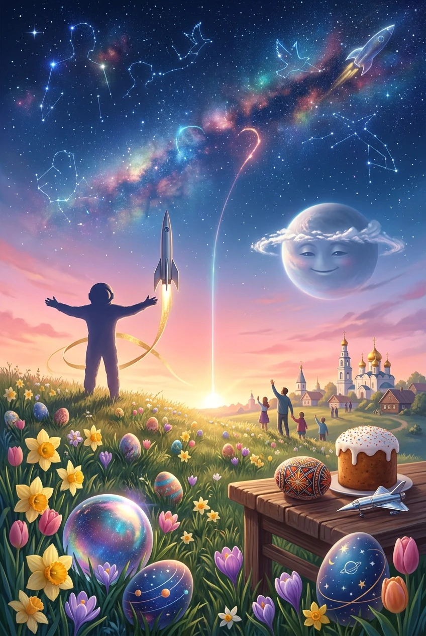 Sunrise Easter morning on a grassy hill with blooming spring flowers and decorated Easter eggs — one egg looks like a shimmering cosmic sphere with iridescent reflections,…