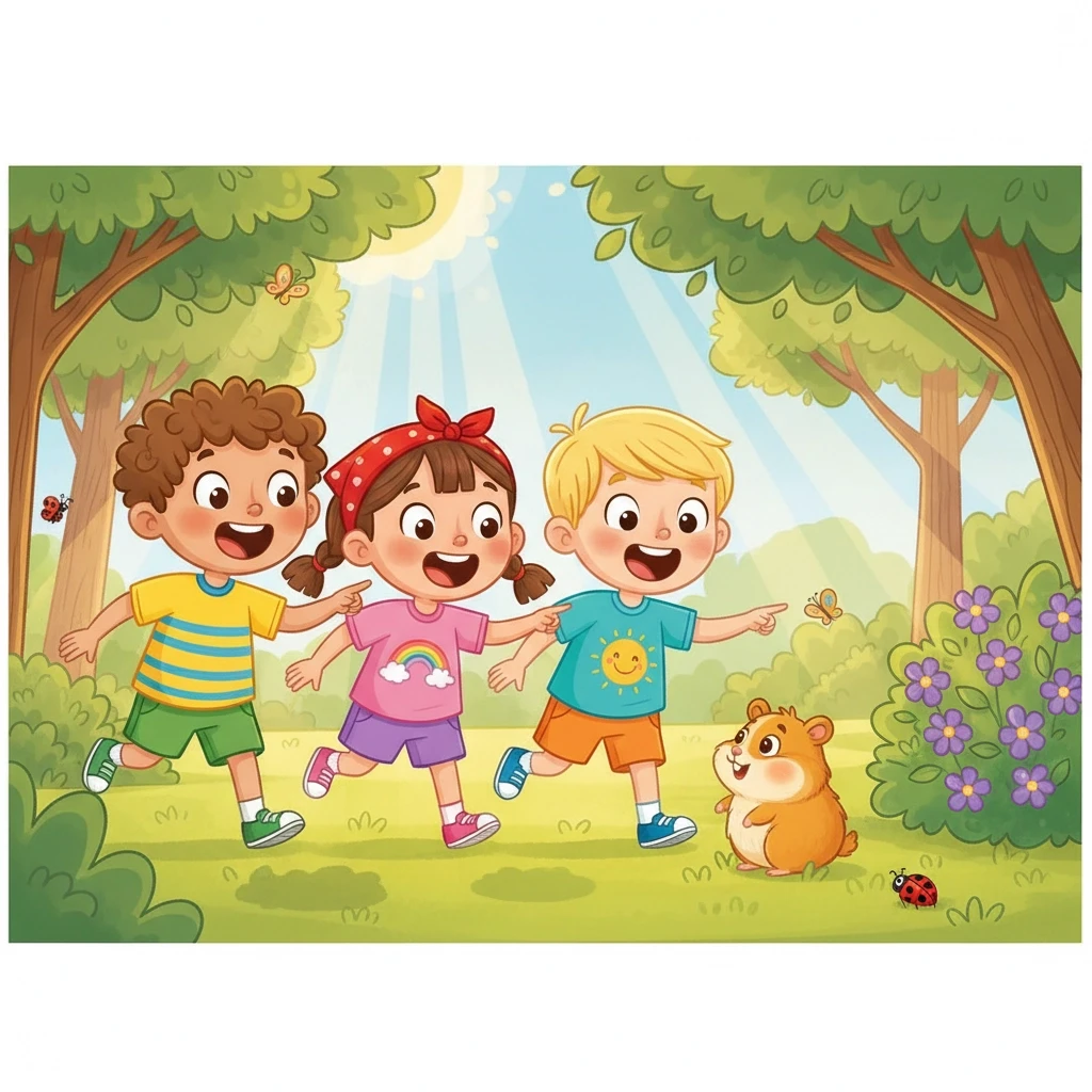 A group of 3 kids (two boys and a girl) wearing colorful t-shirts are walking in a sunny park. They suddenly spot a tiny brown hamster sitting near a bush. The kids look…