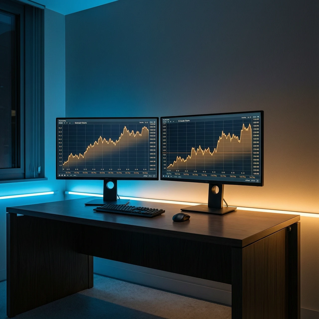 Minimalist cinematic scene, a clean modern desk with two glowing monitors showing abstract stock charts, one monitor with a daily chart and one with a 15-minute chart, neon blue…