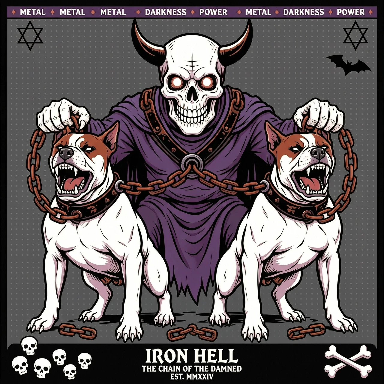 Vector art, flat design with strong black outlines, style inspired by Iron Maiden album art. A demonic figure with skeletal features and glowing eyes holds two aggressive…