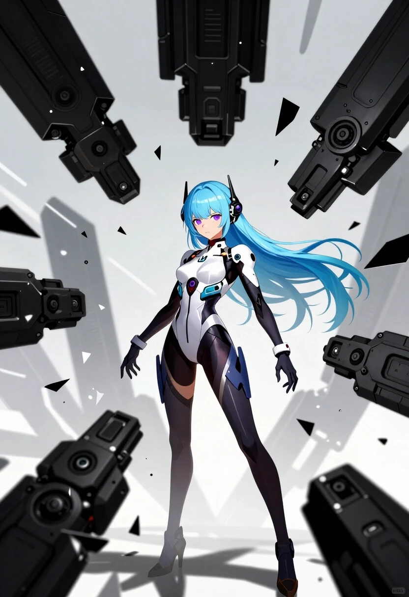 (lacia beatless:1.3), beatless, 1girl, solo, android, long light blue hair, blunt bangs, purple eyes, expressionless, wearing futuristic white and black hIE bodysuit, armor…