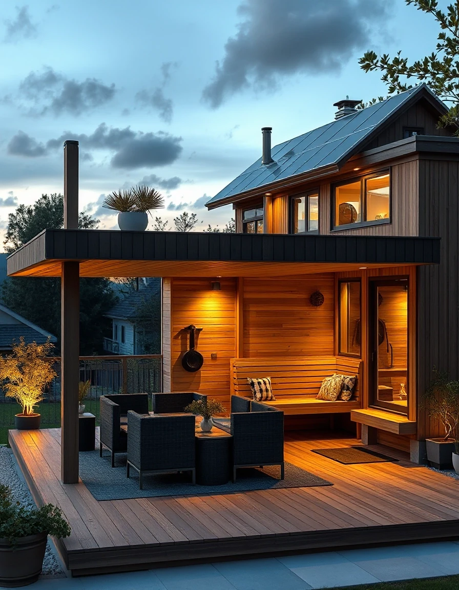 Vertical architectural design, luxury frame sauna with integrated large lounge terrace and BBQ area, solar panels on the roof, beautiful evening illumination, high detail. —…