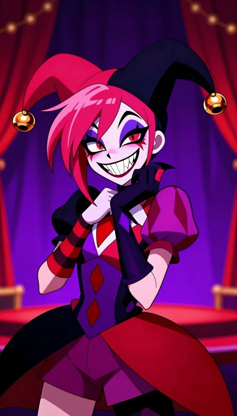 2D digital anime art style, a chaotic female jester character from "The Freak Circus", sharp mischievous grin with pointy teeth, asymmetric vibrant hair, wearing a…