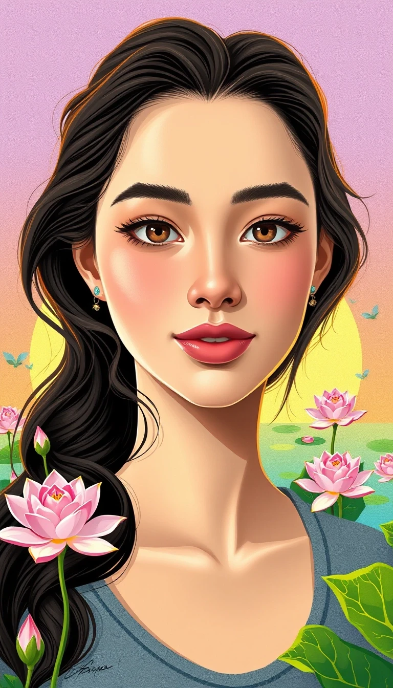 a young woman of the Caucasian type with bright, expressive facial expressions and expressive facial features. The face is rounded, with soft contours and noticeable, but not…