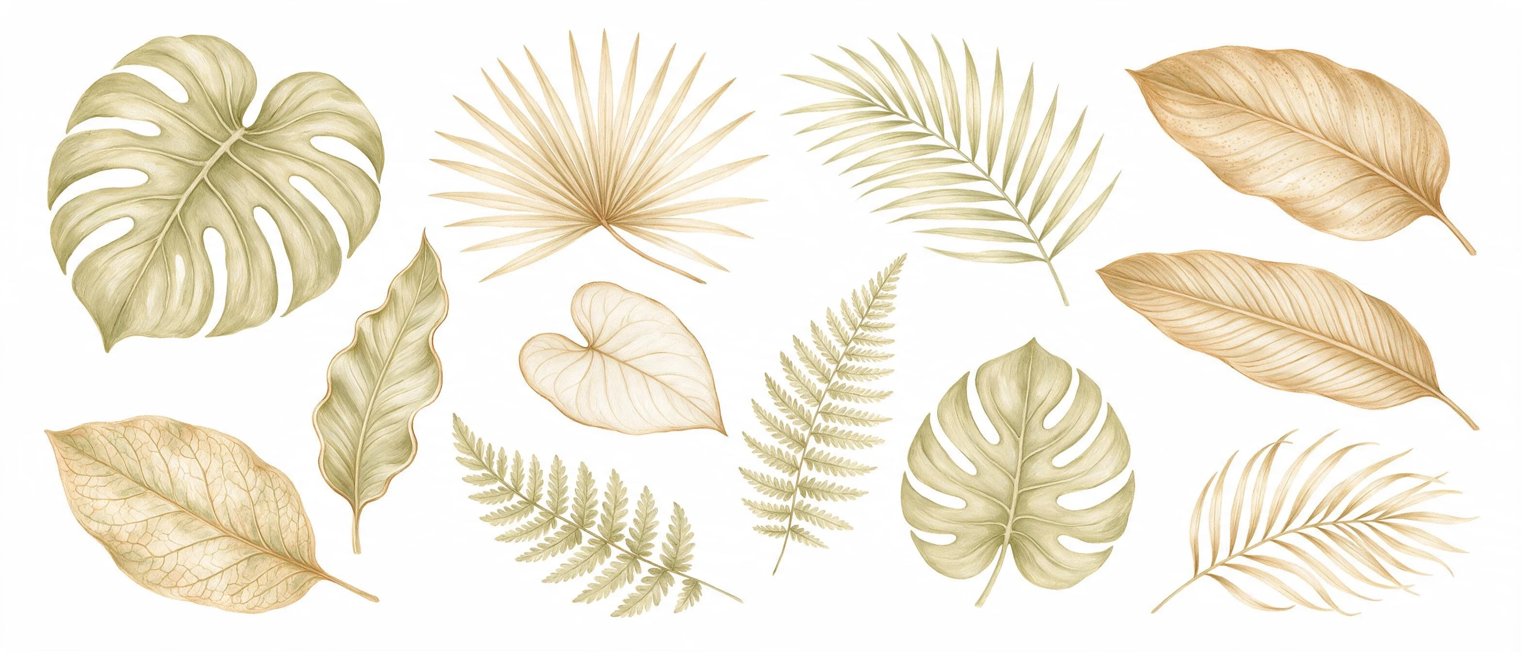 Create a set of clip art of tropical leaves, on a white background, acrylic. Correct anatomy, without distortions. In the style of Wendy Holindes + Mary White. Preserve the…