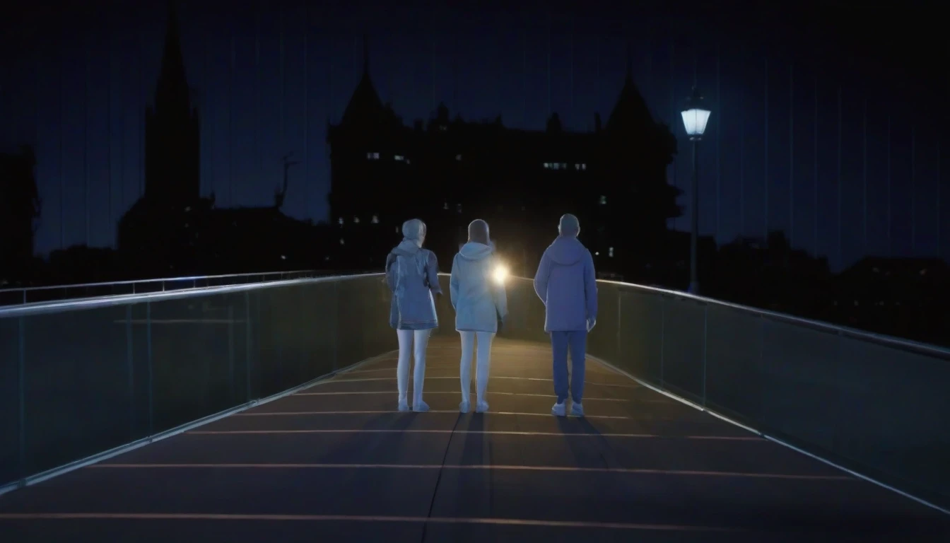 people stand on the bridge in Zaryadye, 3d render, 4k, behind them is the evening city, silhouettes of houses — работа пользователя Блестящая Конвекция
