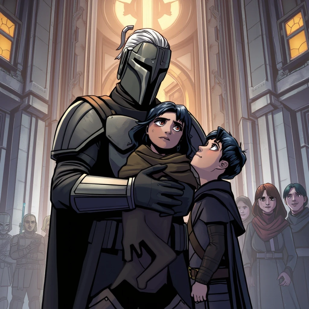 A deeply emotional graphic novel art from Star Wars rebels. Inside the grand metallic hall of Clan Wren fortress. A tall, strong Mandalorian father with grey-streaked hair…