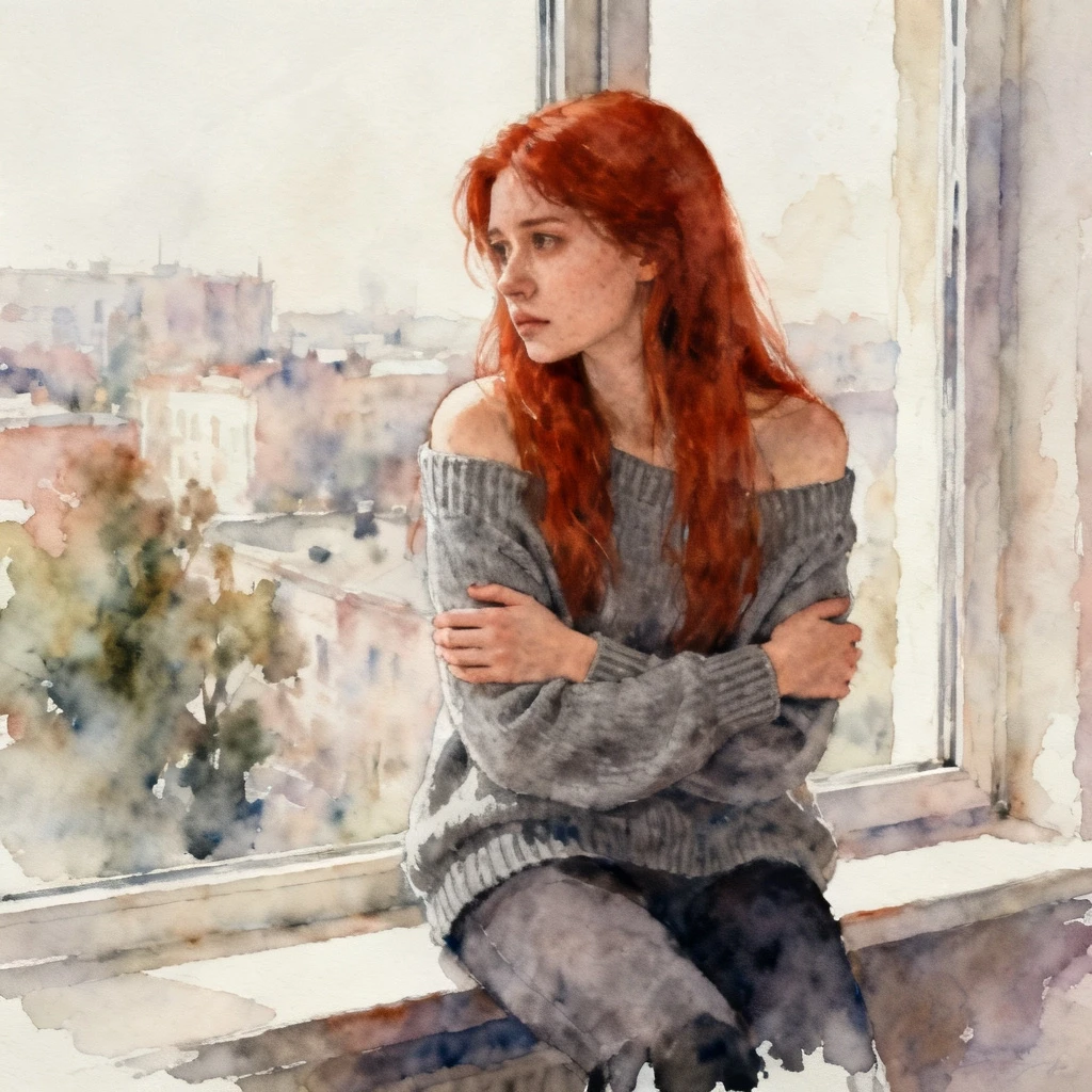 The image is a portrait of a young woman with long red hair. She is sitting on a window sill, looking out with a thoughtful expression on her face. The woman is wearing a gray…