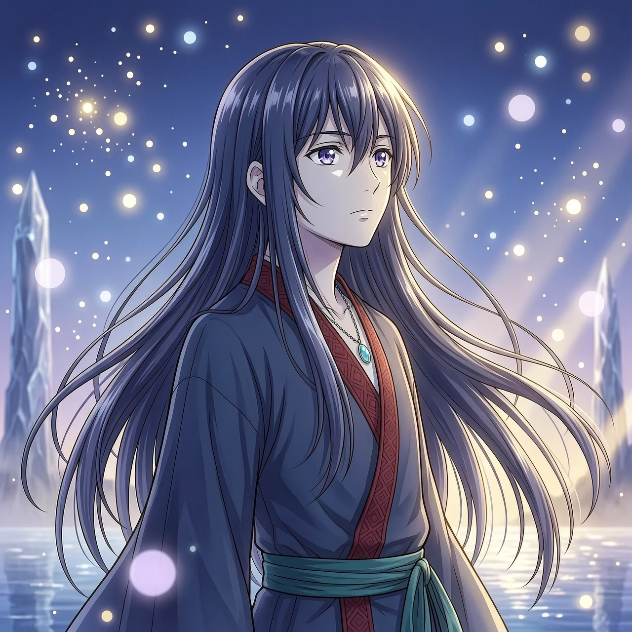 Anime style illustration of a handsome male character with long, flowing hair, high-quality cel-shaded aesthetic, detailed facial features, expressive eyes. The character has…