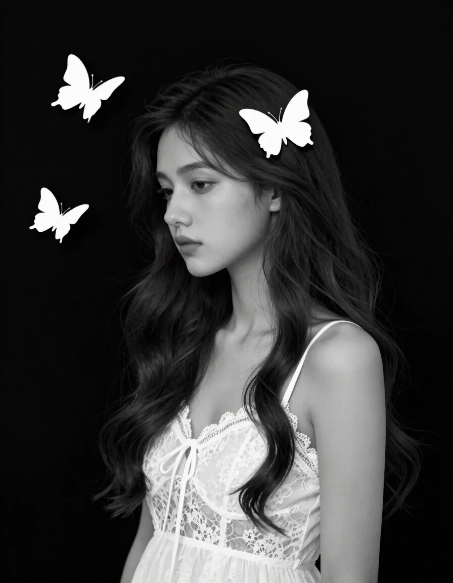 Black and white minimalism, conceptualism, flat painting, pale young beautiful Slavic type woman, 23 years old, long, dark, slightly wavy hair, fluffy white butterfly on her…