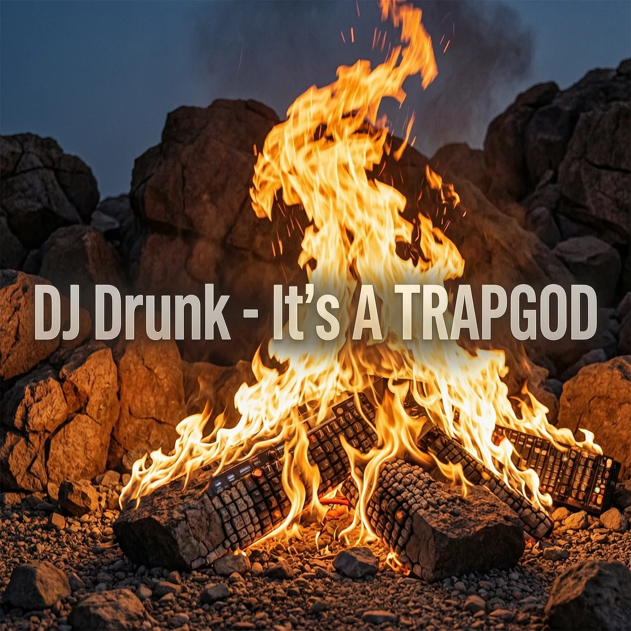 Стиль - фотореализм DJ Drunk - It's A TRAPGOD ФОН - огонь необычной формы Не используй людей и микшерный пультр на фото. Использвуй только огонь Шрифт сделай прозрачным но…
