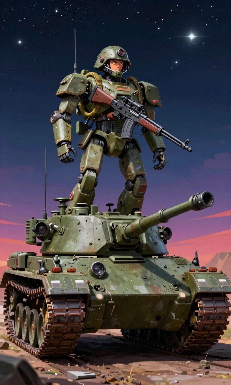 Walking tank with a man on top in a helmet, soldier on top, weapon, kun, helmet, robot, military, mecha, rifle, walking tank, starry sky, colorful, dieselpunk — работа…
