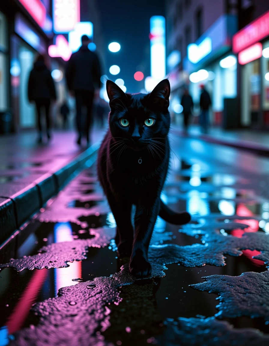 Cinematic moody night city, rainy street, wet asphalt with neon reflections, lonely black cat walking slowly. Consistent black cat throughout the video. Close‑up of cat’s eyes,…