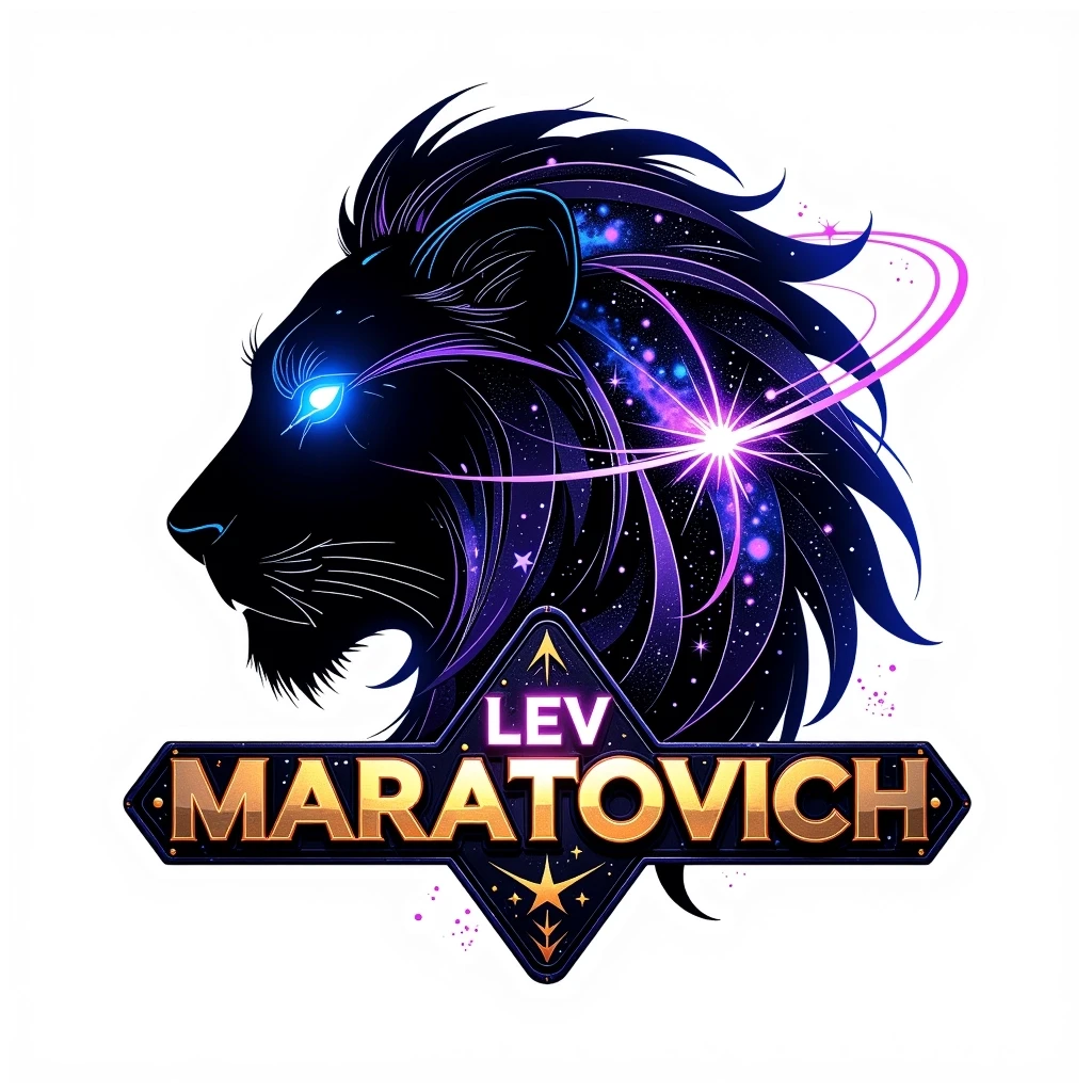 Futuristic sci‑fi logo for “Лев Маратович”: a lion silhouette made of stars, nebulae, and glowing energy lines. The mane is a swirl of particles and constellations; the lion’s…