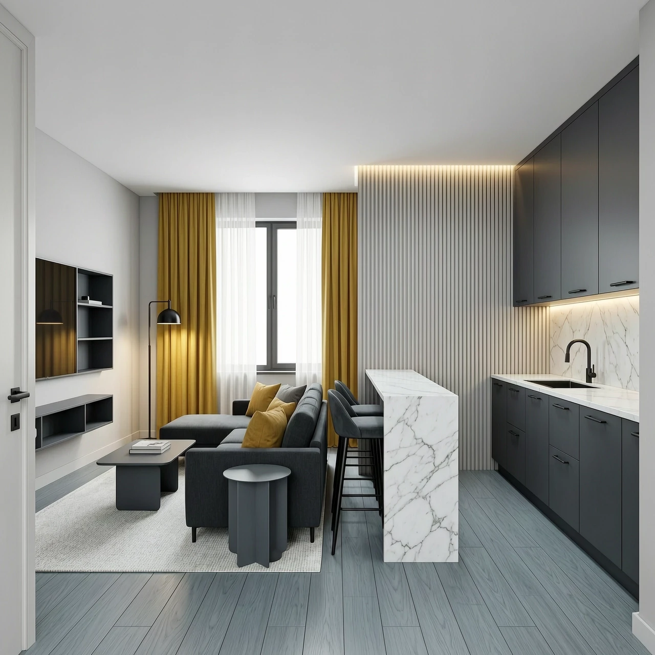 Interior design of a rectangular 18 sqm kitchen-living room, view from the entrance door. Room size 6.03m width x 3.8m depth, ceiling height 2.7m. Upon entering, on the left is…